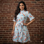 D6125283-P419 WHITE BLUE STRIPE FLOWER SHORT SLEEVE DRESS