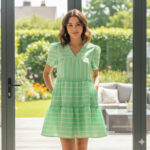 D6124682-P919 GREEN YELLOW STRIPE SHORT SLEEVE DRESS