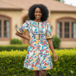 D6124904-P920 GREEN MULTI FLORAL PRINT SHORT SLEEVE DRESS