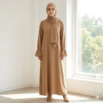 D0413 TAN PRAY ABAYA WITH ATTACHED SCARF