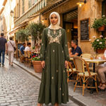 D21242 OLIVE GREEN EMBRODIERY TIERRED DRESS