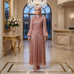 D5539 SALMON RUCHED SILK FORMAL DRESS