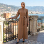 D60042 CAMEL WITH BEADS ON SLEEVE BUTTON DOWN DRESS