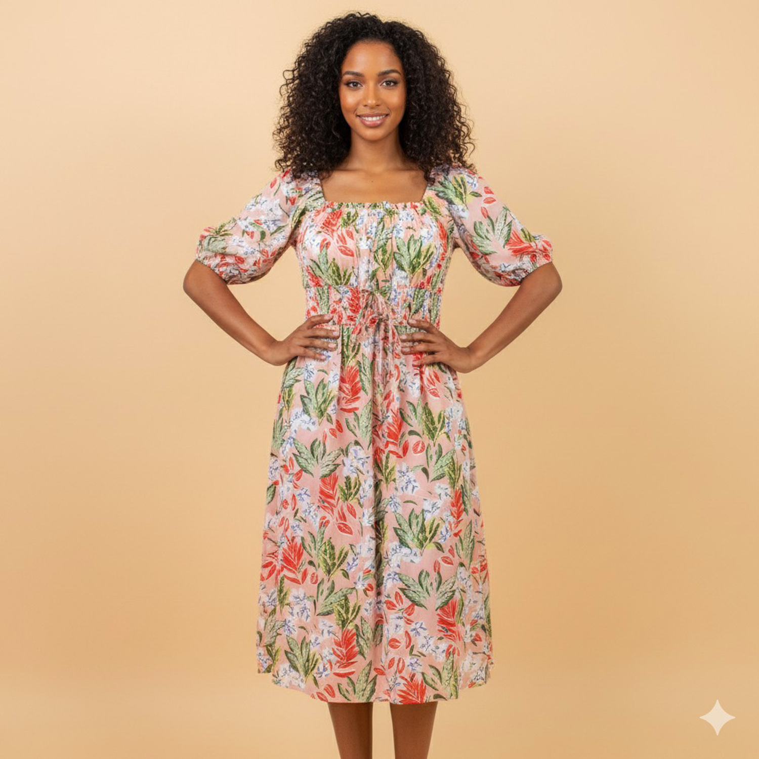 D6122853-P2010-1 D6122853-P2010 APRICOT PRINT SHORT SLEEVE MIDI DRESS - Image 1