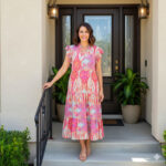 D6124753-P620 PINK PRINT SHORT SLEEVE MIDI DRESSSS
