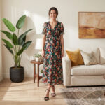 D100752 BLACK FIERY FLORAL PRINT FRILLED V NECK SHORT SLEEVE MAXI DRESS
