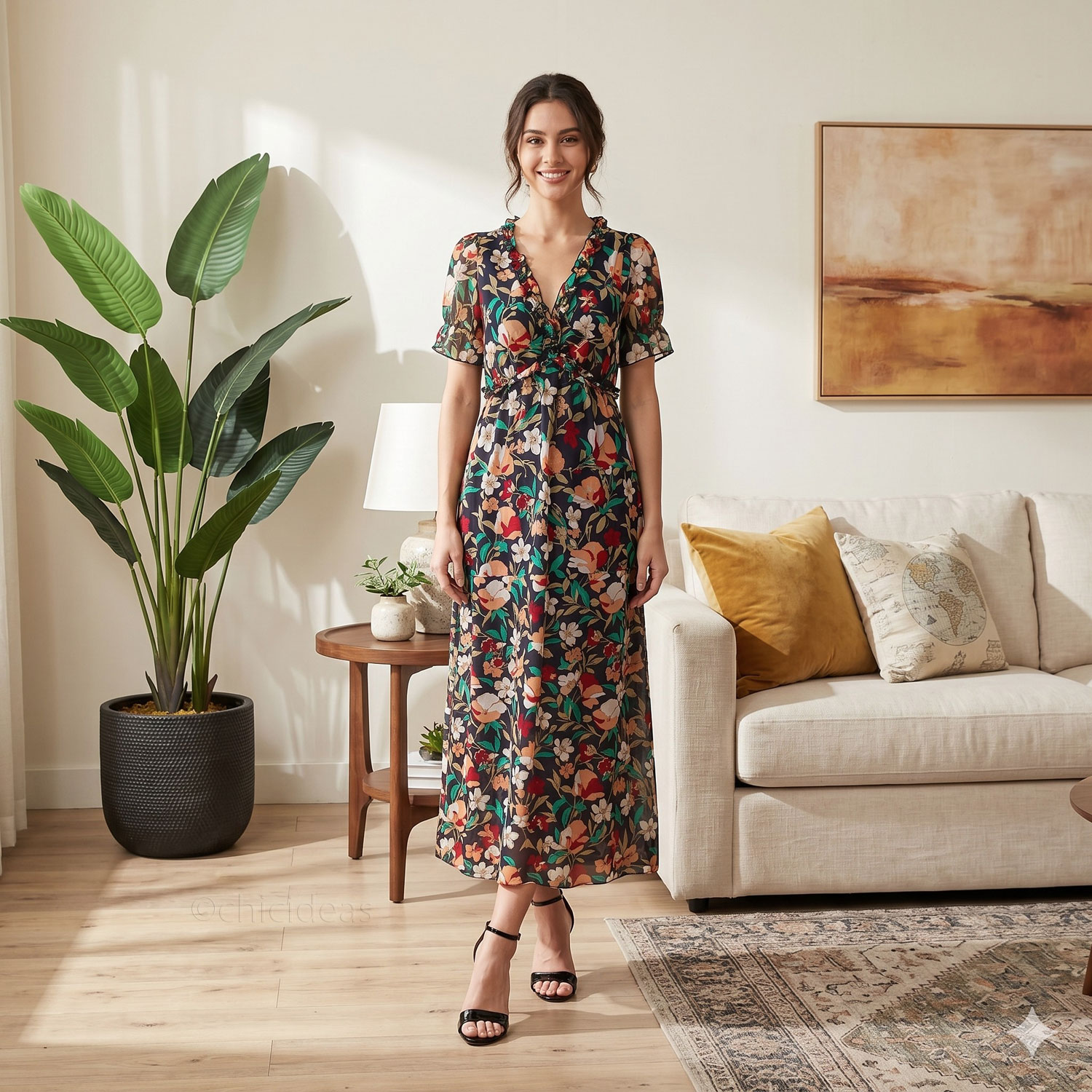 D100752 D100752 BLACK FIERY FLORAL PRINT FRILLED V NECK SHORT SLEEVE MAXI DRESS - Image 1