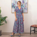 D100754 SKY BLUE FIERY FLORAL PRINT FRILLED V NECK SHORT SLEEVE MAXI DRESS