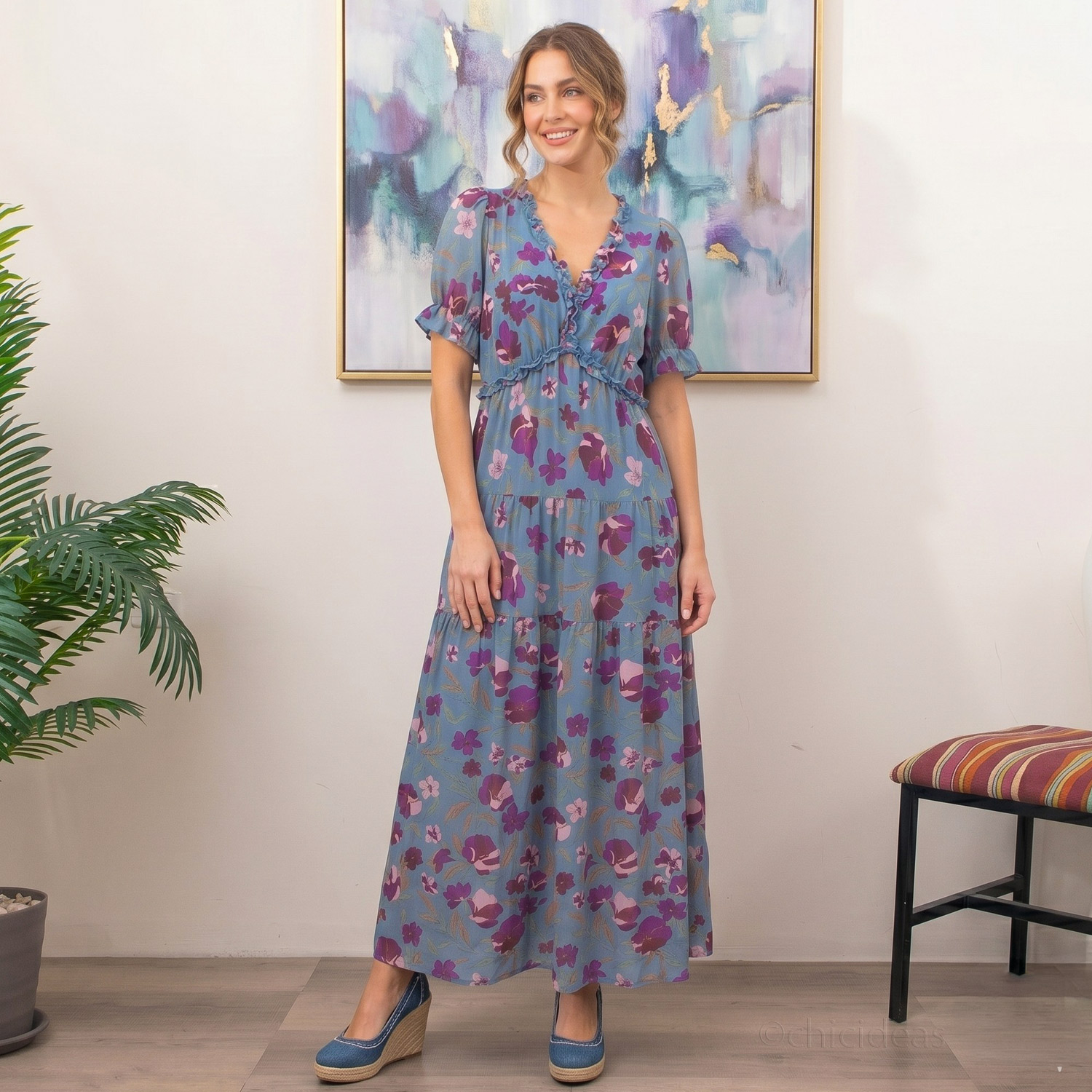 D100754 D100754 SKY BLUE FIERY FLORAL PRINT FRILLED V NECK SHORT SLEEVE MAXI DRESS - Image 1