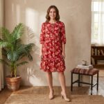 D2585320 RED FLORAL PRINT CONTRAST TRIM BUTTON TIE NECK SWING DRESS