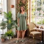 D2646809 SMOKE GREEN SHORT SLEEVE SHIRRED WAIST V-NECK TEXTURED MINI DRESS