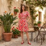 D3039320 RED FLORAL PRINT WRAP V NECK SHORT SLEEVE HIGH WAISTBAND MINI DRESS