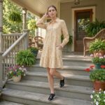 D6480720 YELLOW FLORAL PRINT FRILLY TRIM SMOCKED CUFF LONG SLEEVE LOOSE SHIRT DRESS