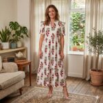 D6802120 BEIGE FLORAL SHORT BUBBLE SLEEVE TIERED MAXI DRESS