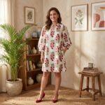 D7175120 WHITE FLORAL PRINT V NECK 3/4 SLEEVE LOOSE MINI DRESS