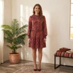 D7187320 RED FLORAL PRINT LONG SLEEVE SHIRRED HIGH NECK LOOSE MINI DRESS