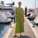 D7385109 FERN GREEN SOLID V NECK CAP SLEEVE TUNIC ELASTIC WAIST VERSATILE MAXI DRESS