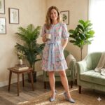 D8288120 WHITE FLORAL PRINT STRIPED CONTRAST TRIM BELTED SHORT DRESS