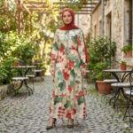 D10214 KHAKI ABSTRACT PRINT LONG SLEEVE DRESS