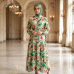D20621 GREEN PRINT TIERED LONG SLEEVE DRESS