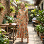 D20623 BEIGE MUSTARD PRINT LONG SLEEVE TIERED DRESS