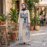 D25421 BLUE PATTERN CHIFFON LONG SLEEVE DRESS