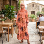 D627501 RUST PRINT BUTTON LONG SLEEVE DRESS
