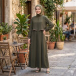 D70141 OLIVE EMBROIDERY LONG SLEEVE DRESS