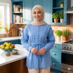 T19302 BLUE BUTTON TIE STRING LONG SLEEVE TOP
