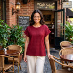 T202507008 WINE RED SHORT SLEEVE ROUND NECK TOP