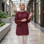 T20298 BURGUNDY BUTTON DOWN TOP WITH FLARED TIE LONG SLEEVE TOP